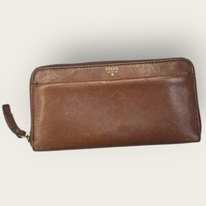 Fossil Wallet Cognac Brown Zip Around Clutch Organizer Leather 1954 Wristlet